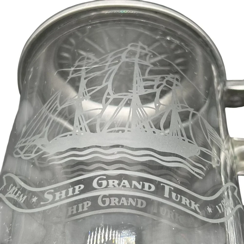 Vintage Old Spice Glass Beer Stein Pewter Lid Etched Sailboat By ALWE W-Germany